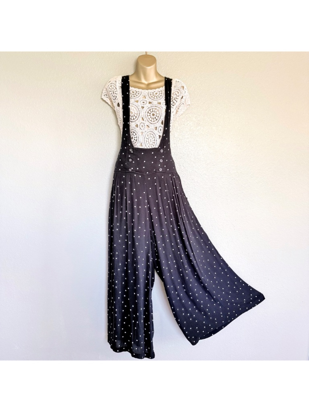 Free People "Keep It Jumpin" Wide-Leg Polka Dot Jumpsuit Pinafore Overalls Sz 10
